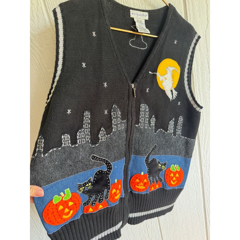 Vintage Embroidered Halloween Sweater Vest Zip Cats Pumpkins Witch Moon LG - Picture 3 of 5
